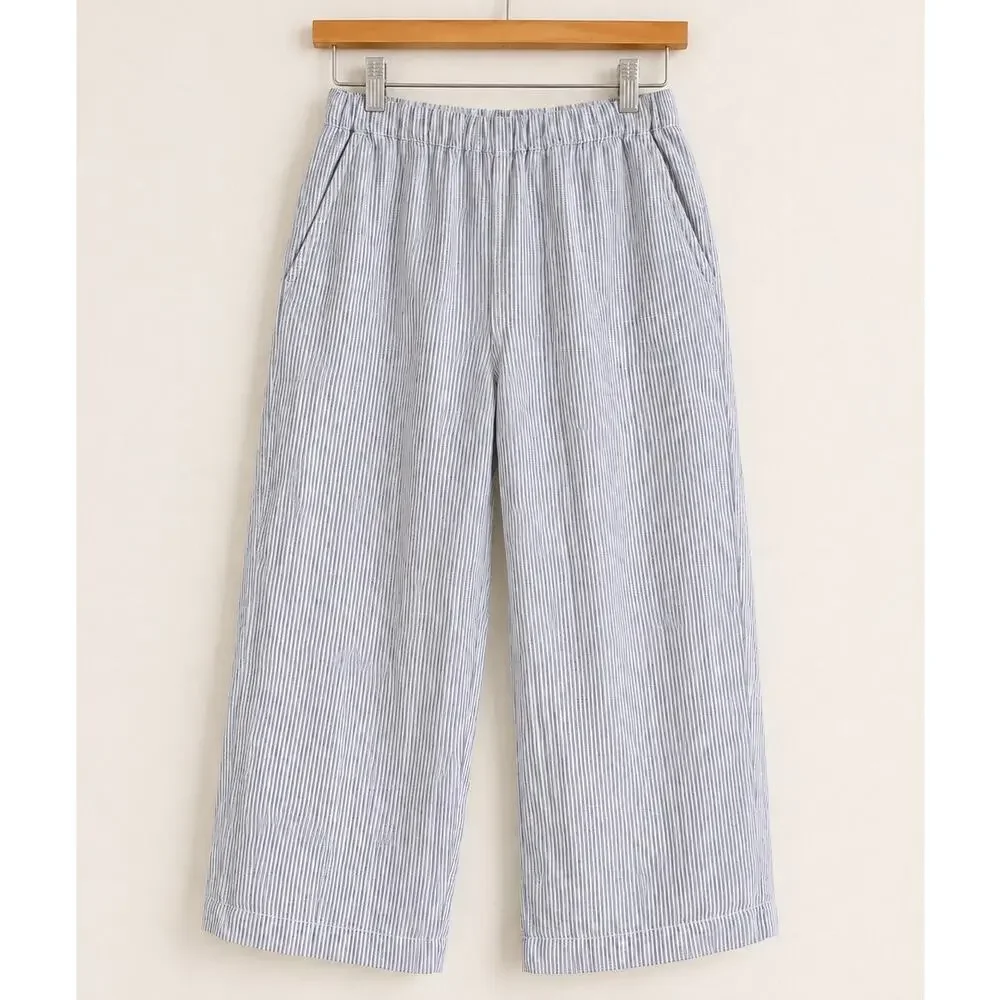 Quince 100% European Linen Pants S Blue Pinstripe Coastal Cropped Ankle Pull On